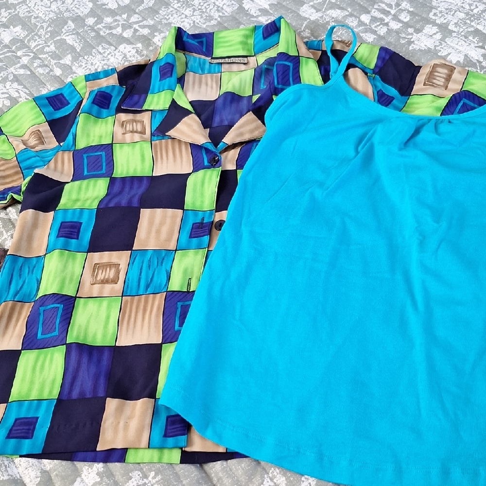 Notations Geometric Print Button-Down And Turquoise Cami